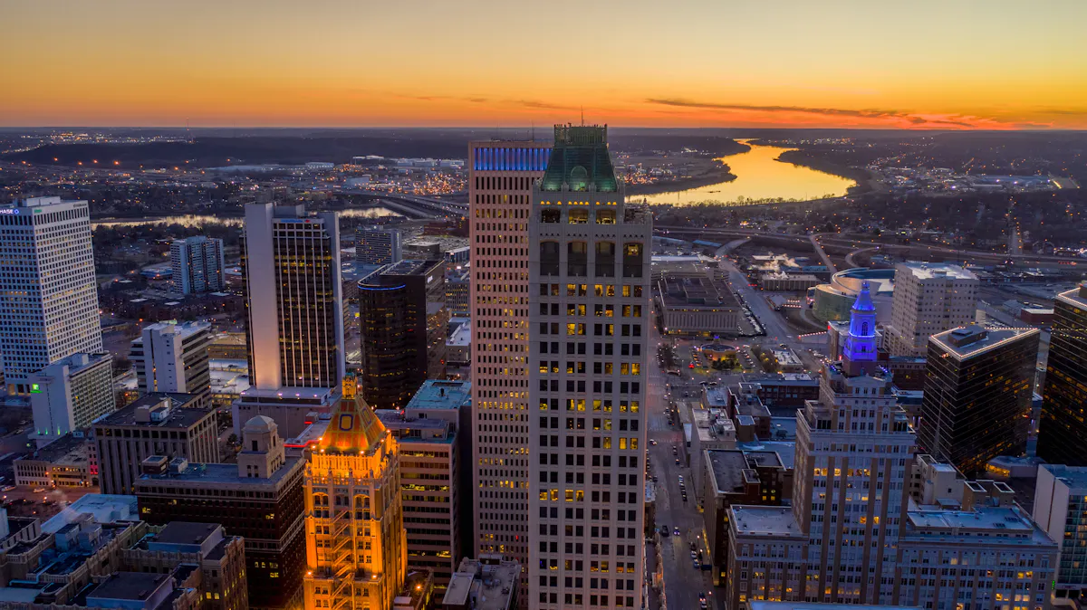 Tulsa Oklahoma downtown aeriel view at sunset