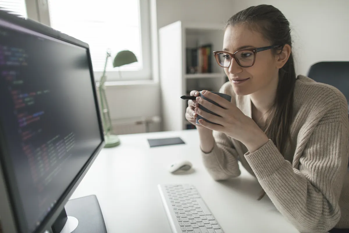 Alt text: A programmer reviews code on a desktop monitor.