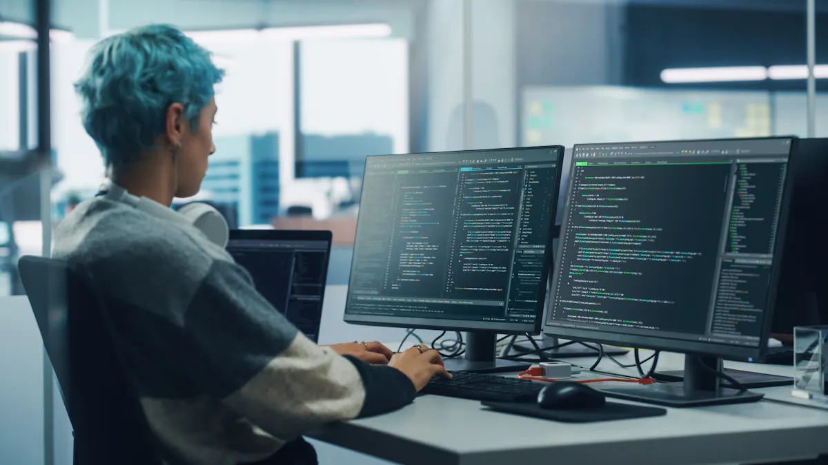 A cybersecurity professional reviews lines of code on computer monitors.