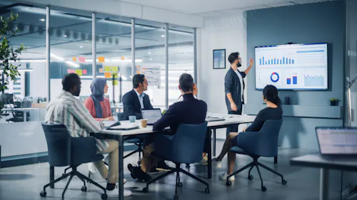 A data analyst gives a presentation in front of colleagues seated around a conference table.