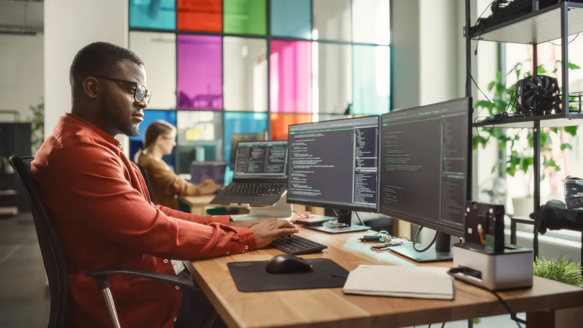 A cloud engineer writes lines of code using a desktop computer.