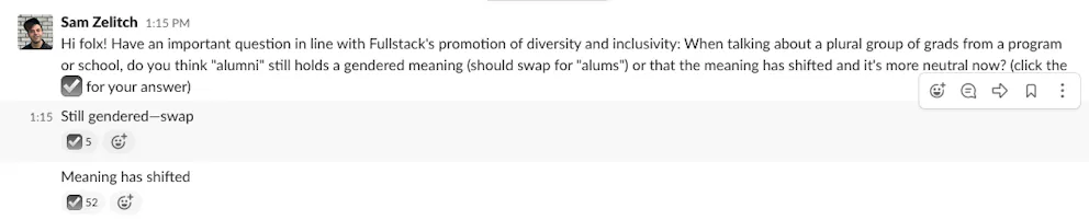 Inclusivity with alumni vs alums.